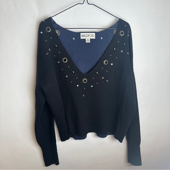 Women's Black Wildfox Cline Embellished Grommet Pullover Sweater | Size XS - Picture 3 of 7